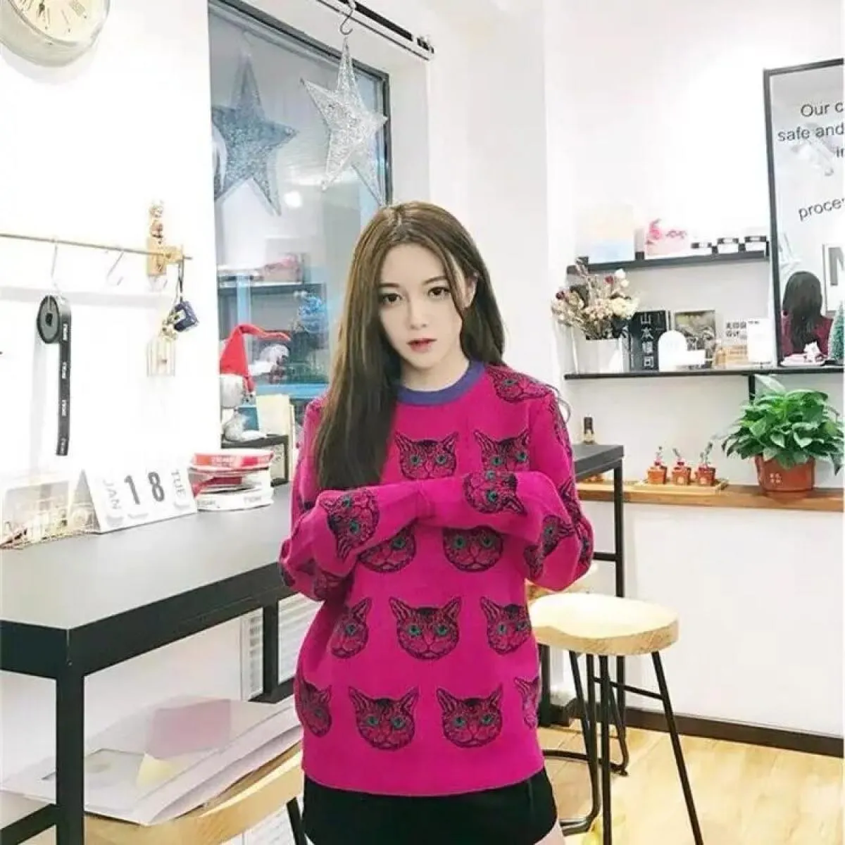Maglioni da donna 2023 Autunno Inverno Maglione Jacquard Cute Cat Girocollo Pullover Maglione Donna