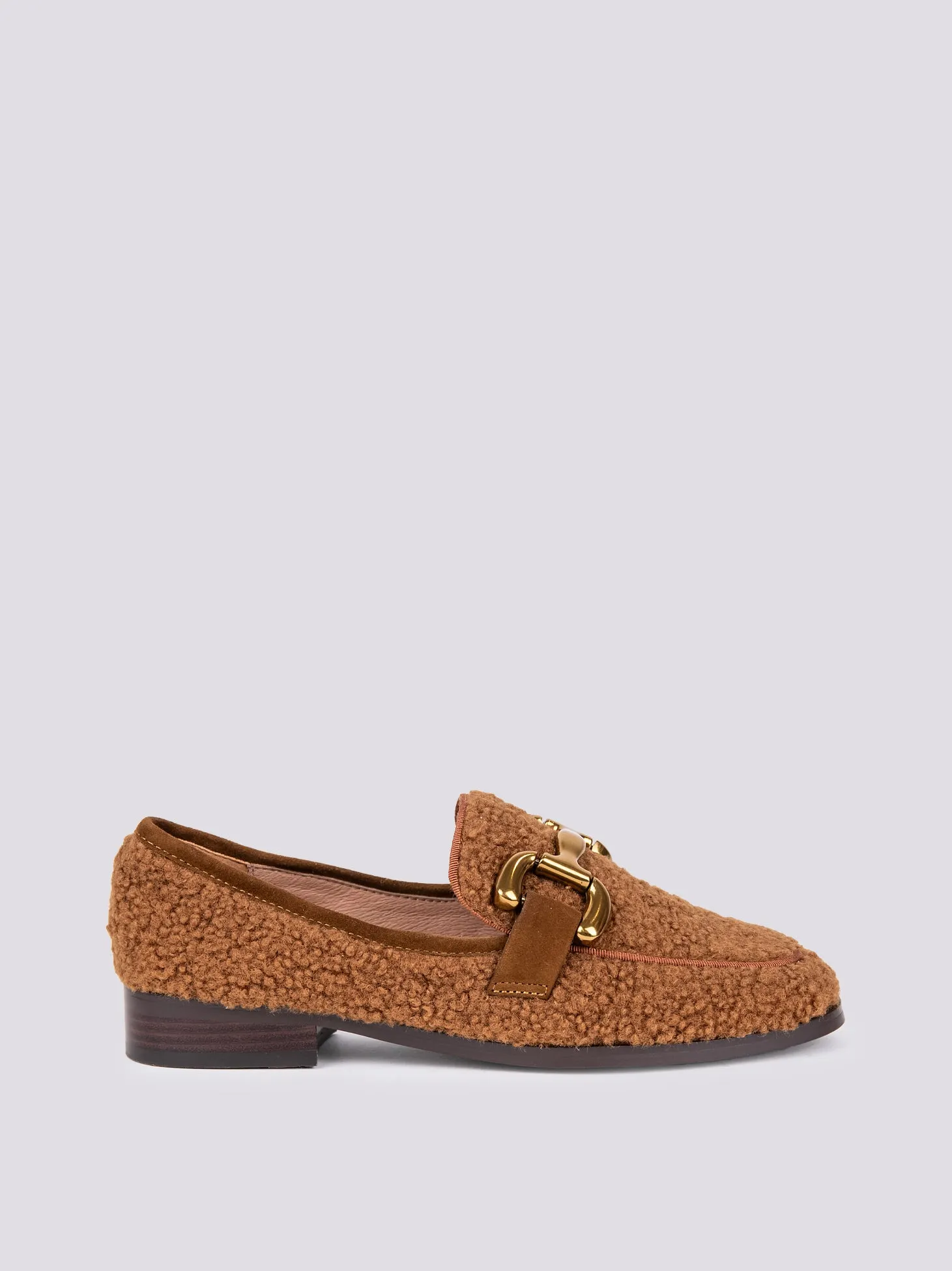 MOCASSINO CON MORSETTO FRONTALE IN TESSUTO BOUCLE MARRONE