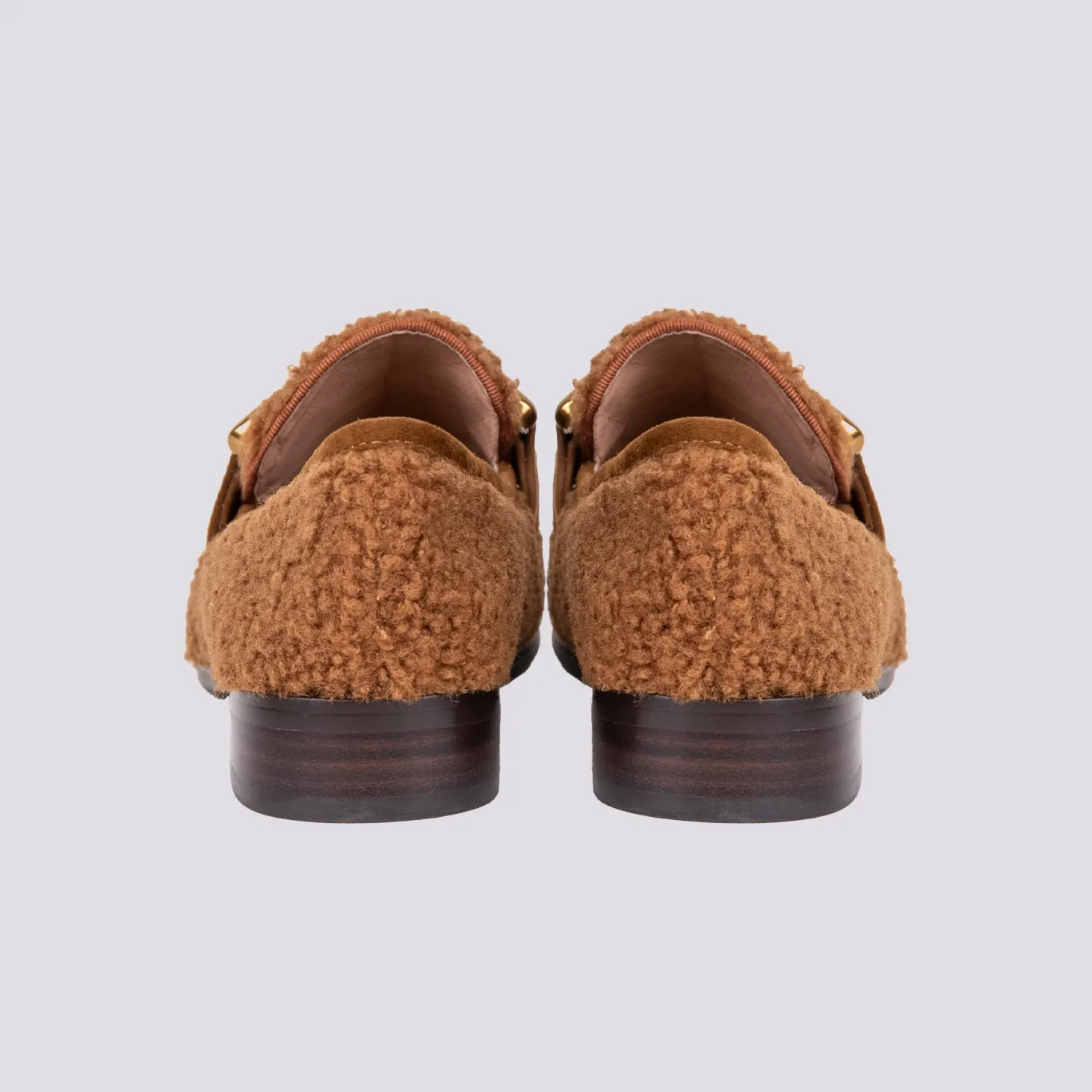 MOCASSINO CON MORSETTO FRONTALE IN TESSUTO BOUCLE MARRONE