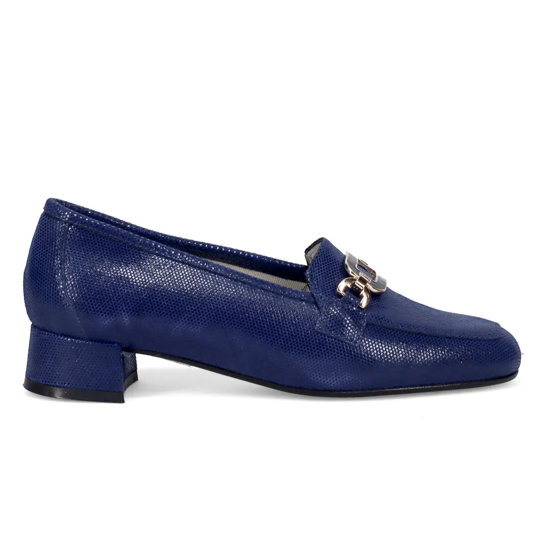 Mocassino da donna Sangiorgio blu in pelle stampa tejus e tacco basso