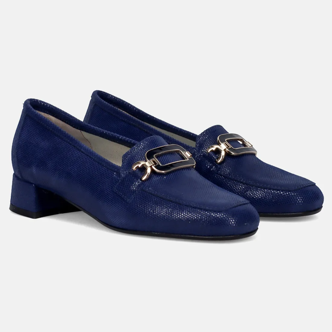 Mocassino da donna Sangiorgio blu in pelle stampa tejus e tacco basso