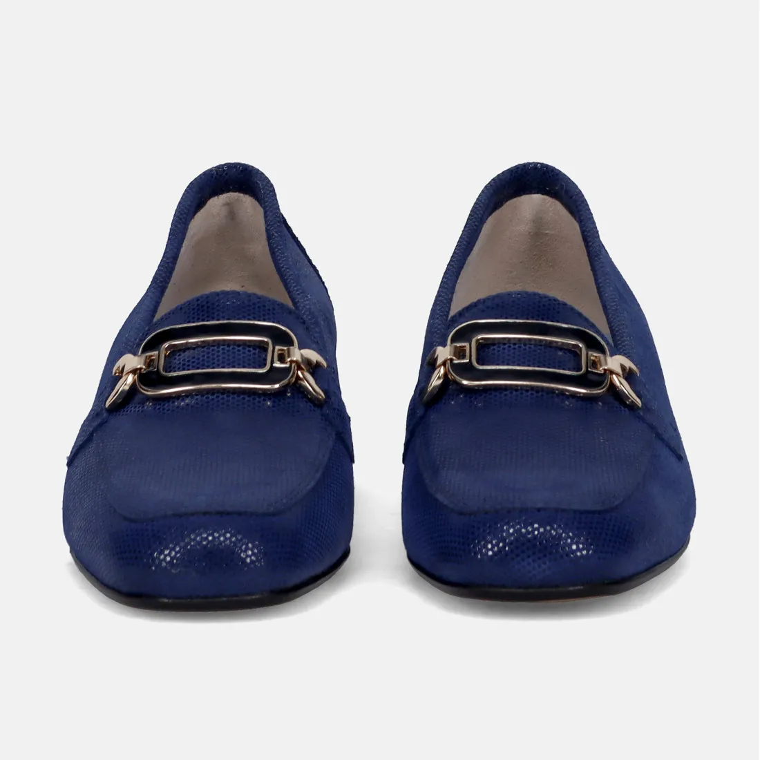 Mocassino da donna Sangiorgio blu in pelle stampa tejus e tacco basso