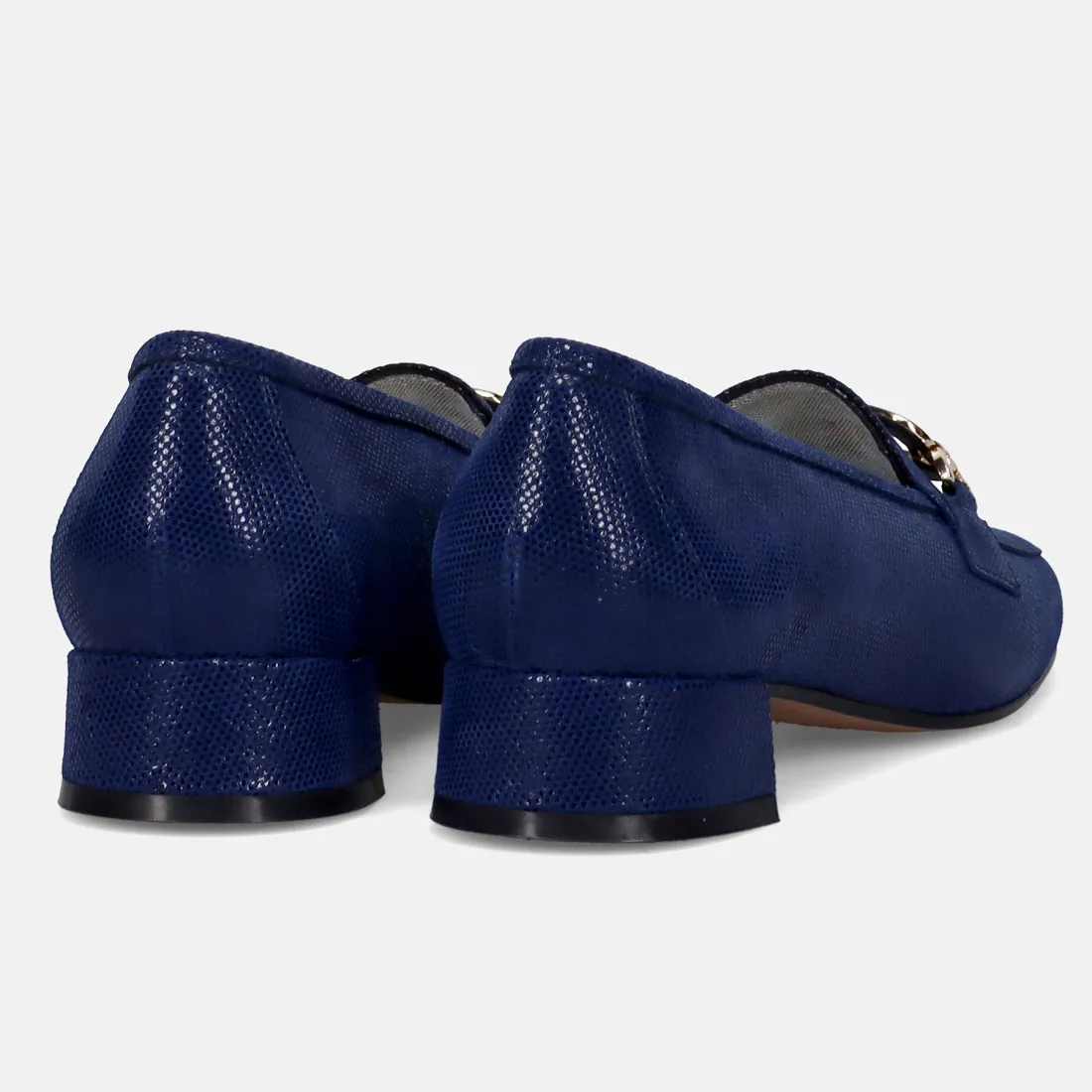 Mocassino da donna Sangiorgio blu in pelle stampa tejus e tacco basso