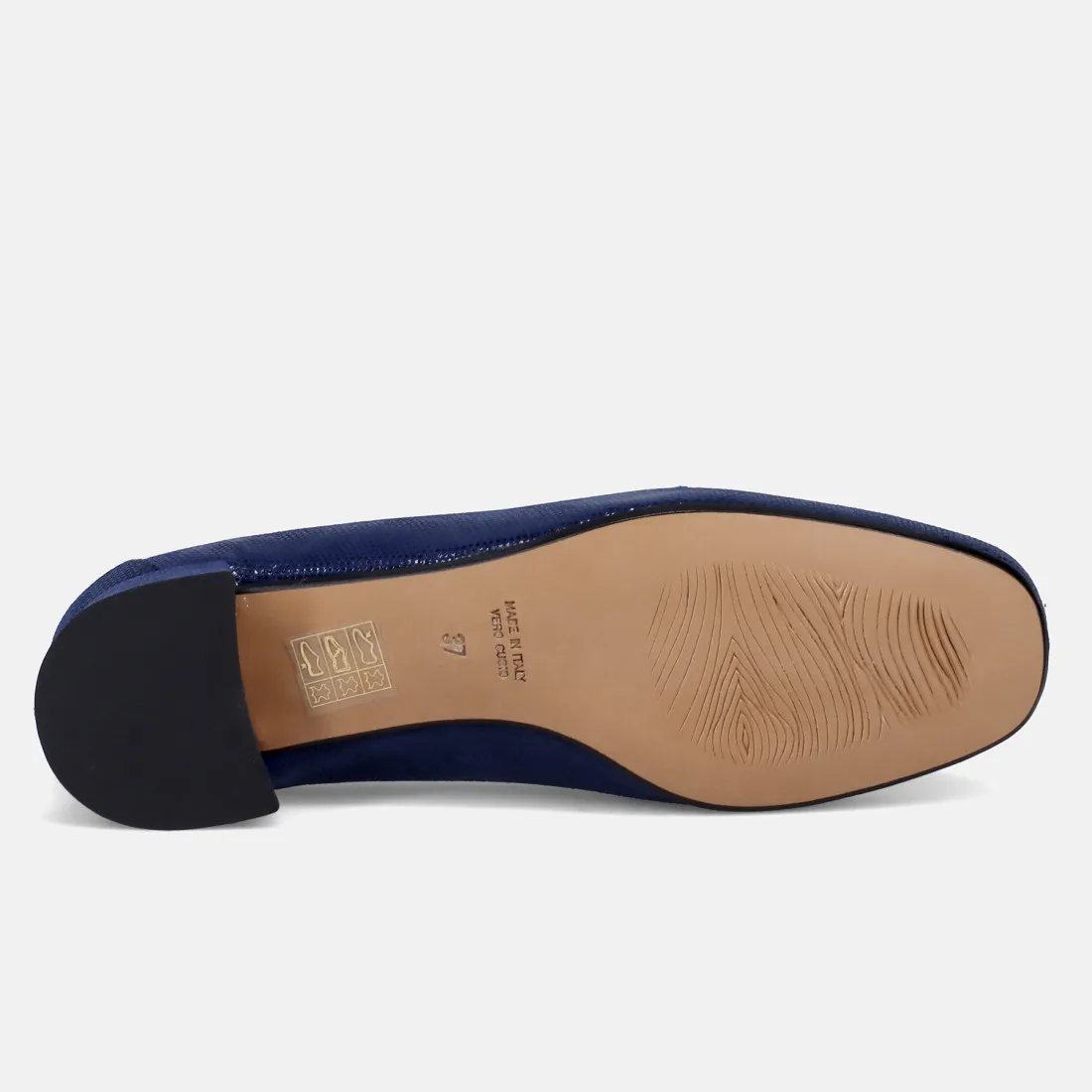 Mocassino da donna Sangiorgio blu in pelle stampa tejus e tacco basso