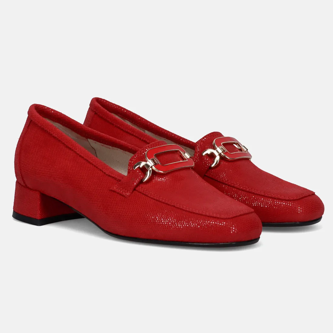 Mocassino da donna Sangiorgio rosso in pelle stampa tejus e tacco basso