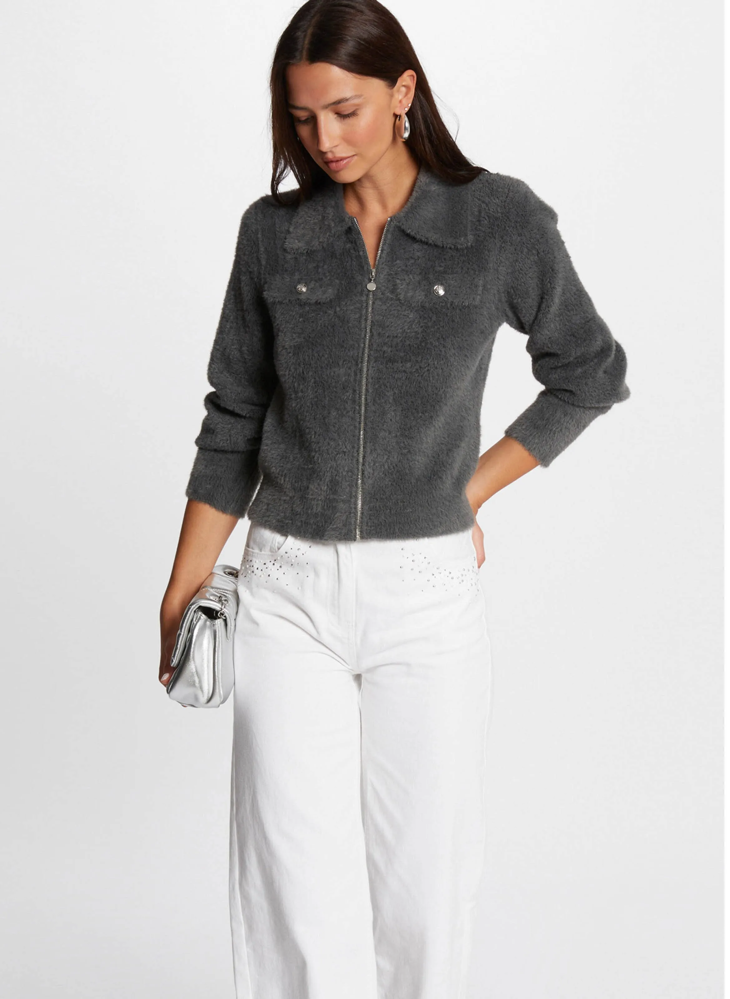  MORGAN   MDOMI - Cardigan dritto in pelliccia sintetica | Grigio