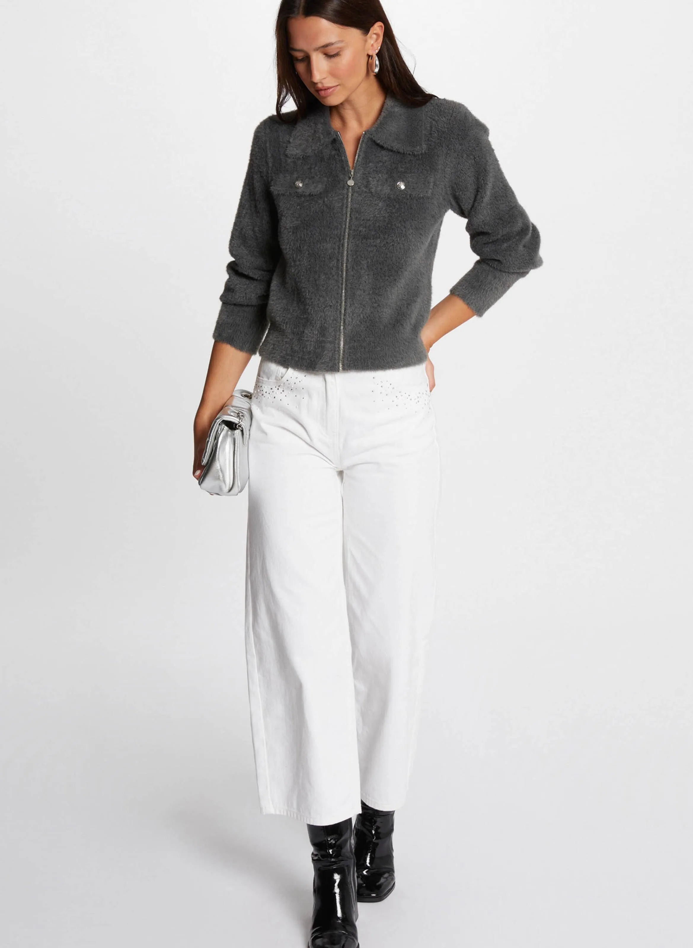  MORGAN   MDOMI - Cardigan dritto in pelliccia sintetica | Grigio