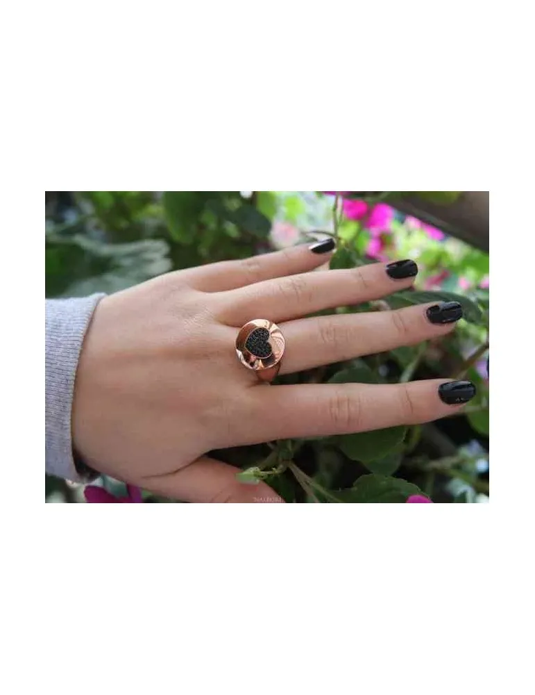 NALBORI anello chevalier rosa cuore in argento 925 zirconi neri