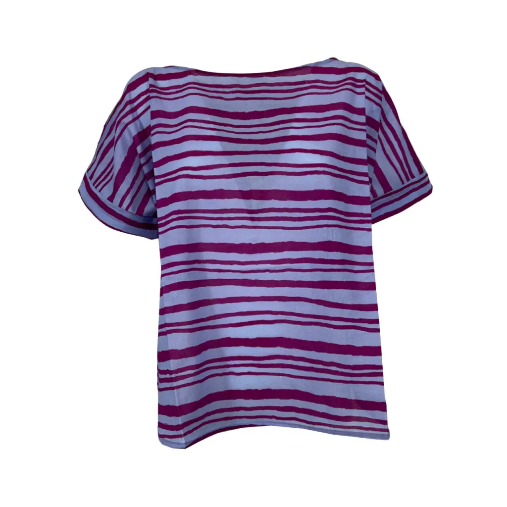 NEIRAMI blusa donna celeste righe fuxia scuro T751VG 100% cotone MADE IN ITALY