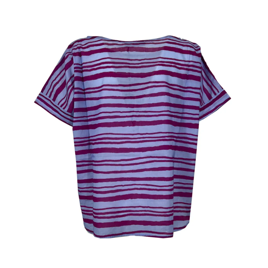 NEIRAMI blusa donna celeste righe fuxia scuro T751VG 100% cotone MADE IN ITALY