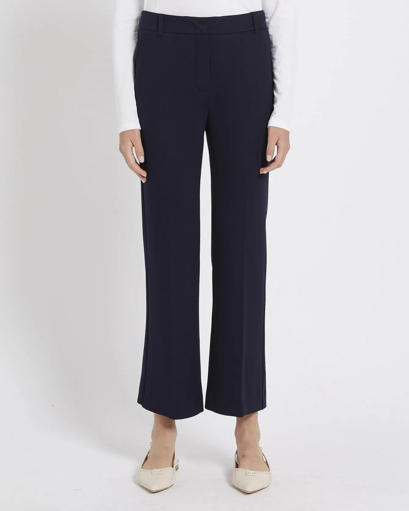 Pantaloni blu a trombetta in misto viscosa a punto Milano