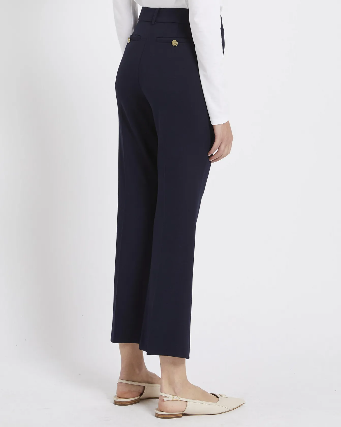 Pantaloni blu a trombetta in misto viscosa a punto Milano