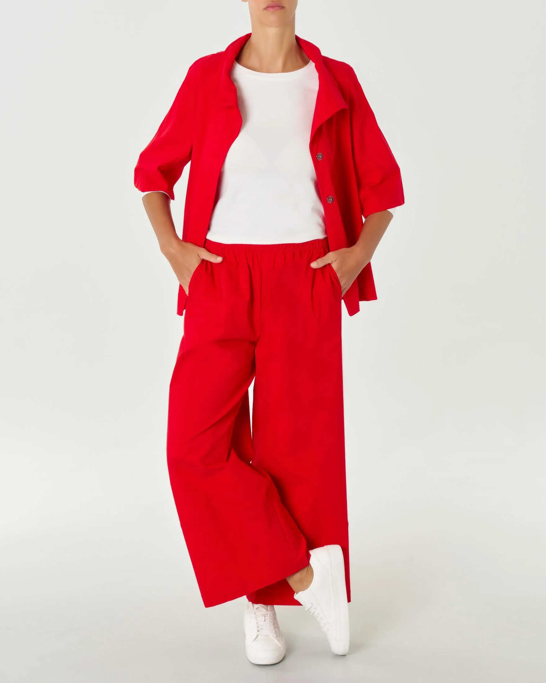 Pantaloni rossi in bengalina di viscosa stretch dalla linea wide con elastico inserito in vita