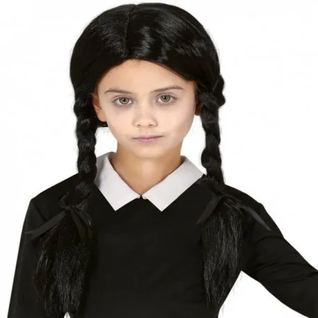 PARRUCCA CAPELLI NERI CON TRECCE PER BAMBINA TRAVESTIMENTI DI CARNEVALE E SPETTACOLI A TEMA FAMIGLIA ADDAMS MERCOLEDI
