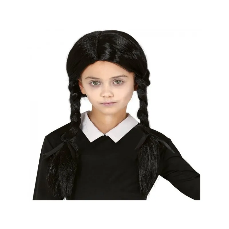 PARRUCCA CAPELLI NERI CON TRECCE PER BAMBINA TRAVESTIMENTI DI CARNEVALE E SPETTACOLI A TEMA FAMIGLIA ADDAMS MERCOLEDI