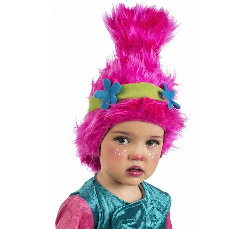 Parrucca da Troll rosa con fiori per bambina
