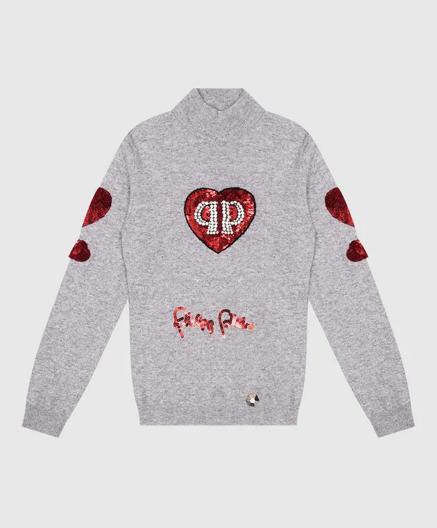 Philipp Plein Maglia da bambino in lana e cashmere grigia con cristalli GKK0003610