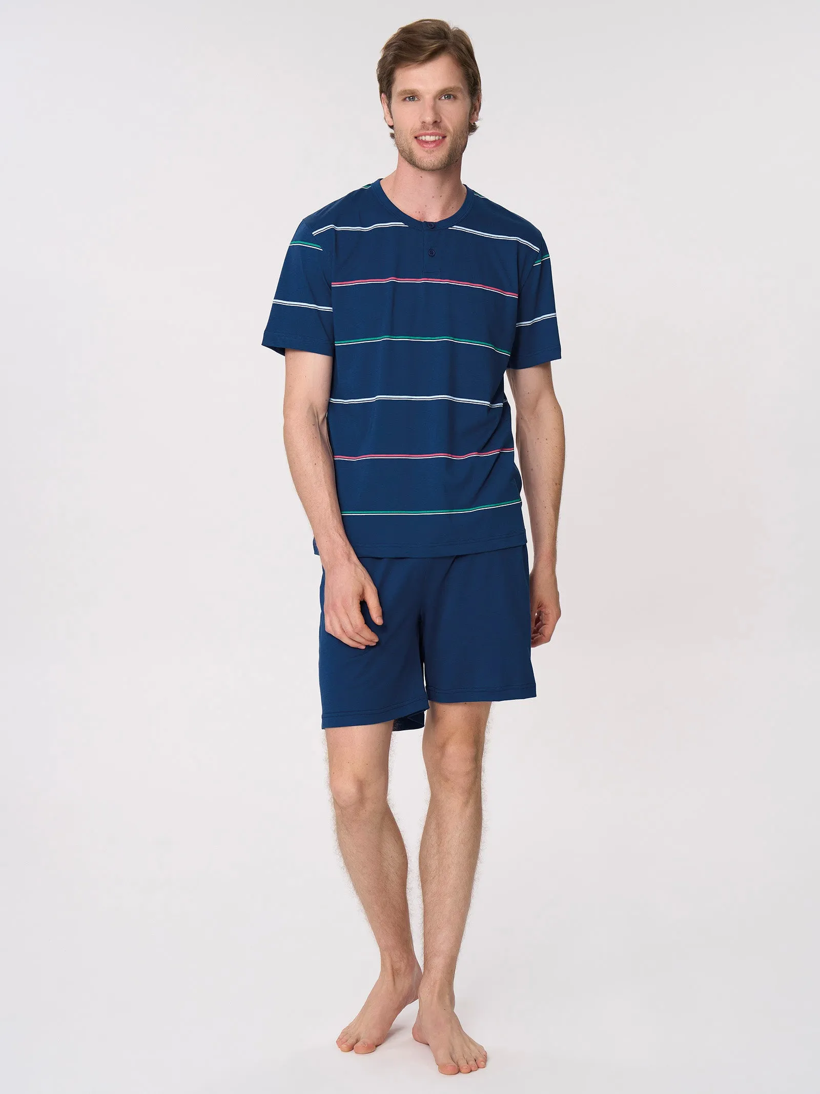 Pigiama corto a serafino in jersey di caldo cotone - Fant. Righe Navy Peony