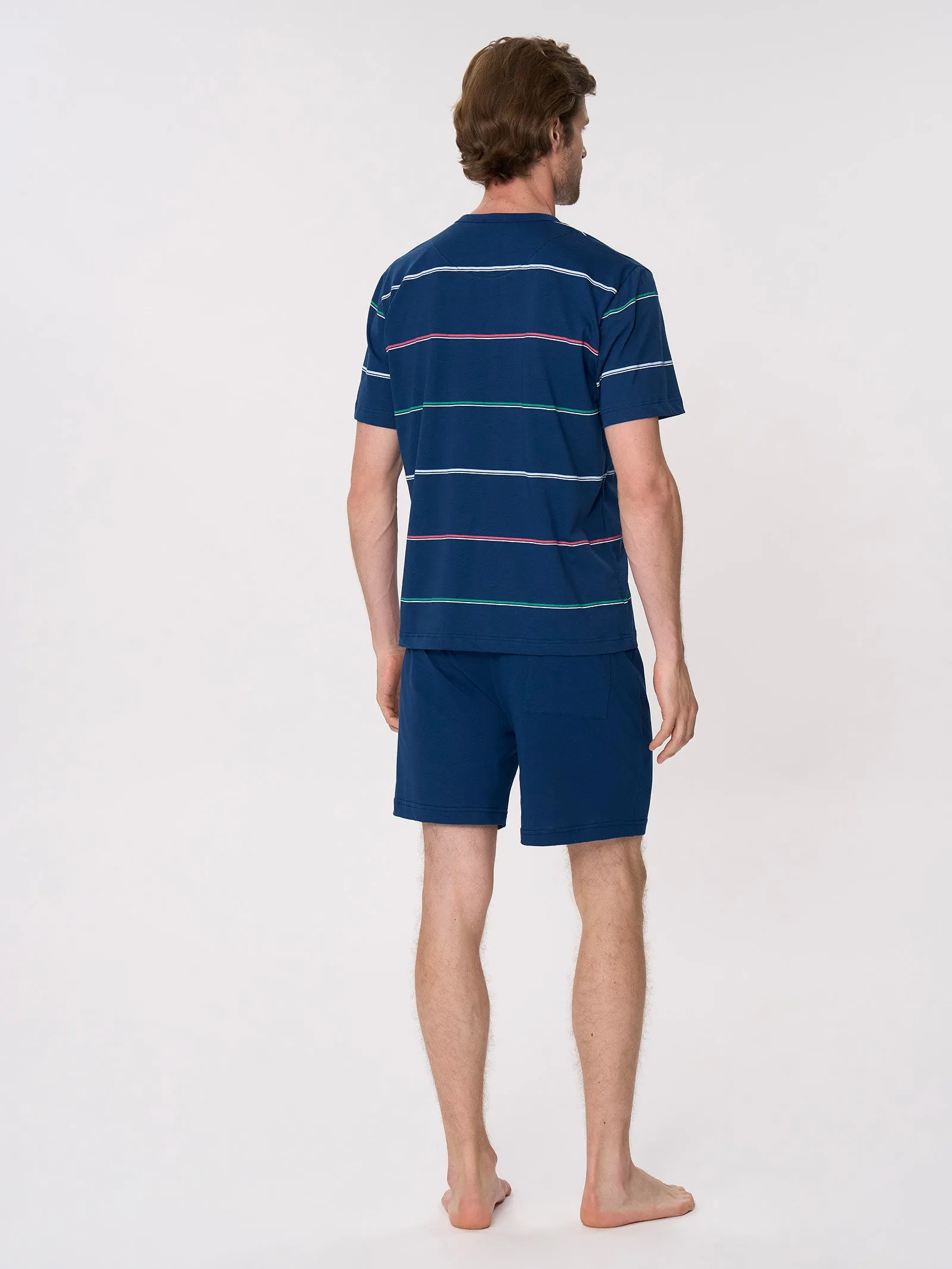 Pigiama corto a serafino in jersey di caldo cotone - Fant. Righe Navy Peony