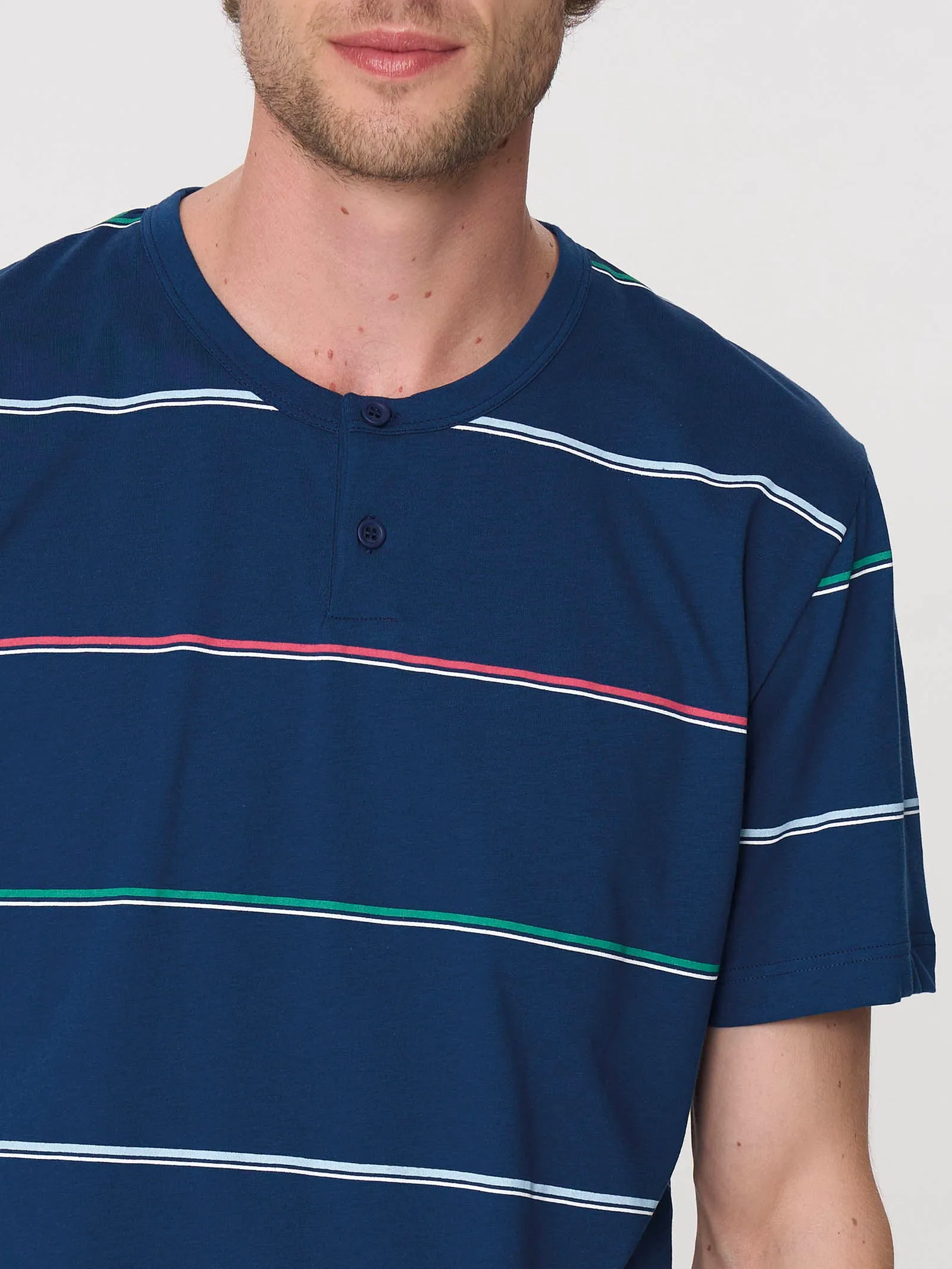Pigiama corto a serafino in jersey di caldo cotone - Fant. Righe Navy Peony