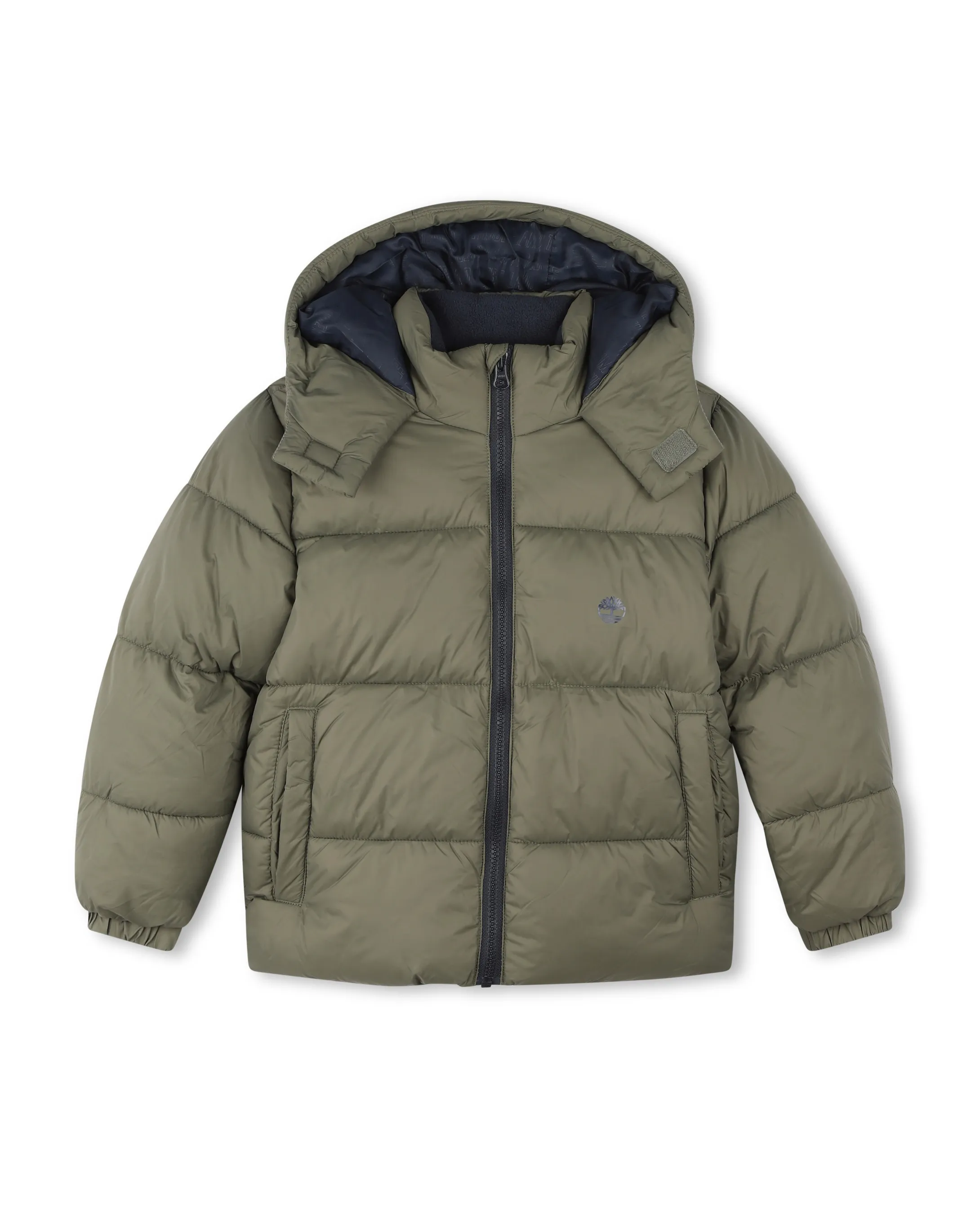 Piumino verde militare in nylon imbottito con collo alto e cappuccio 10-12 anni