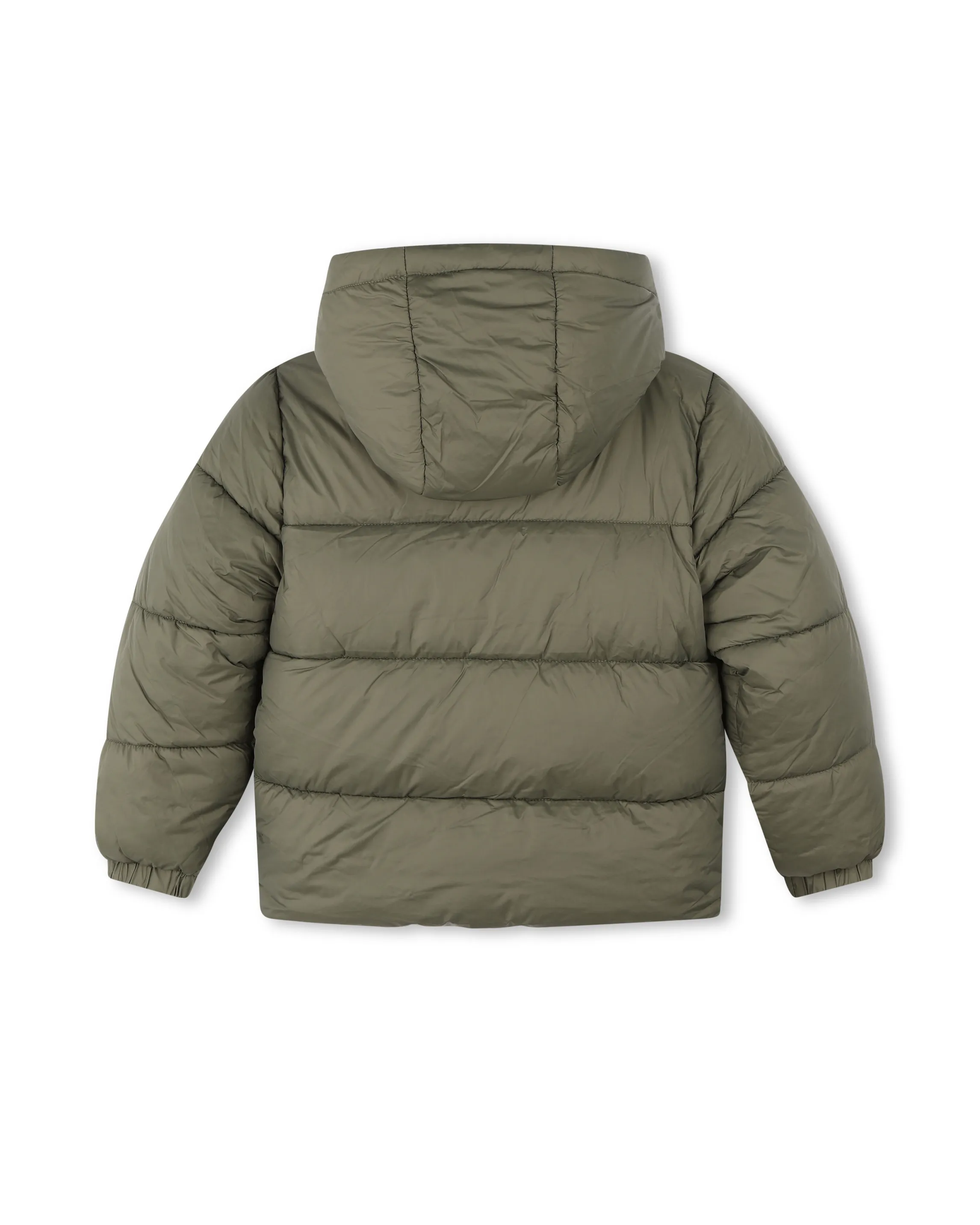 Piumino verde militare in nylon imbottito con collo alto e cappuccio 10-12 anni