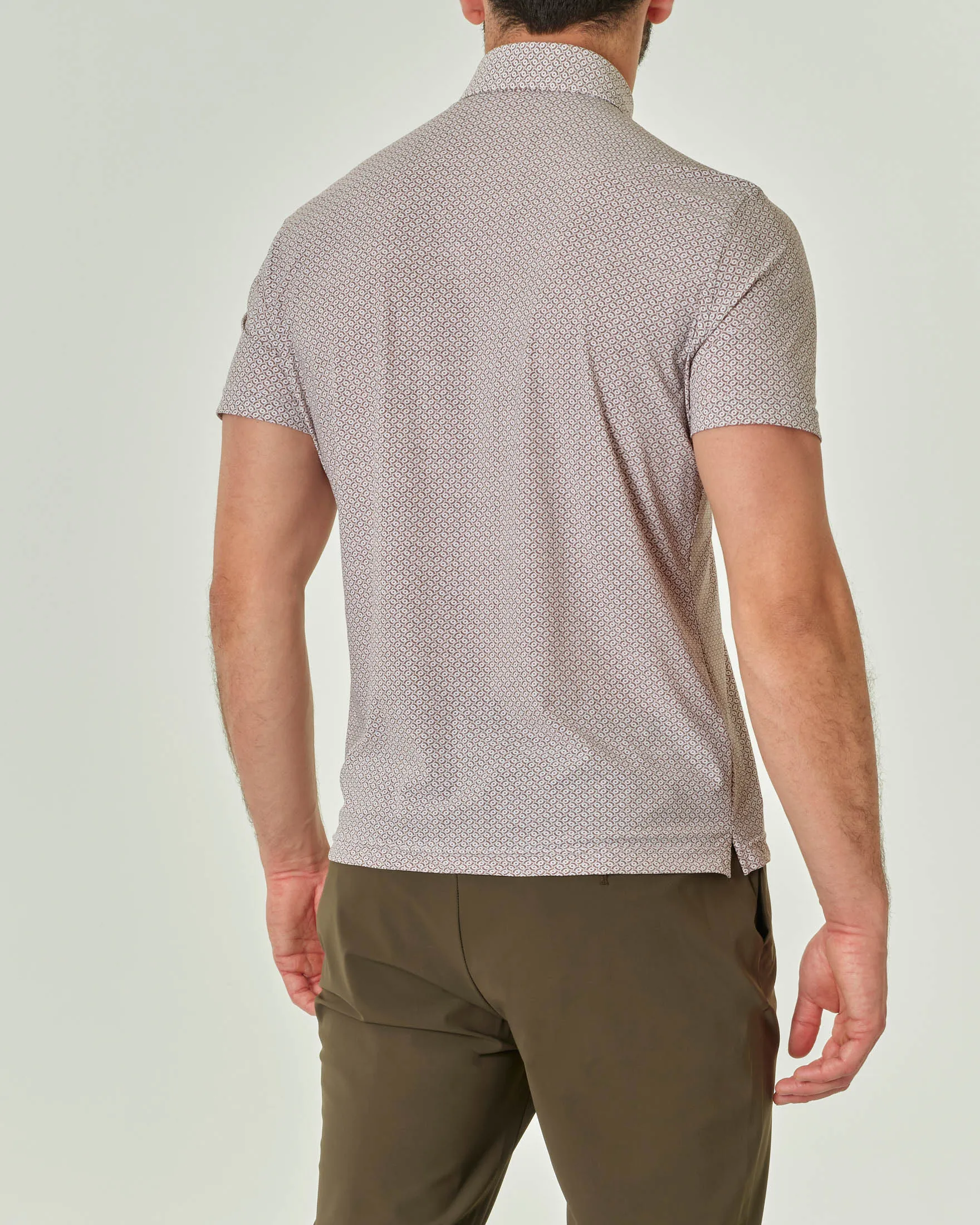 Polo micro fantasia bianca e marrone in tessuto tecnico hyper comfort