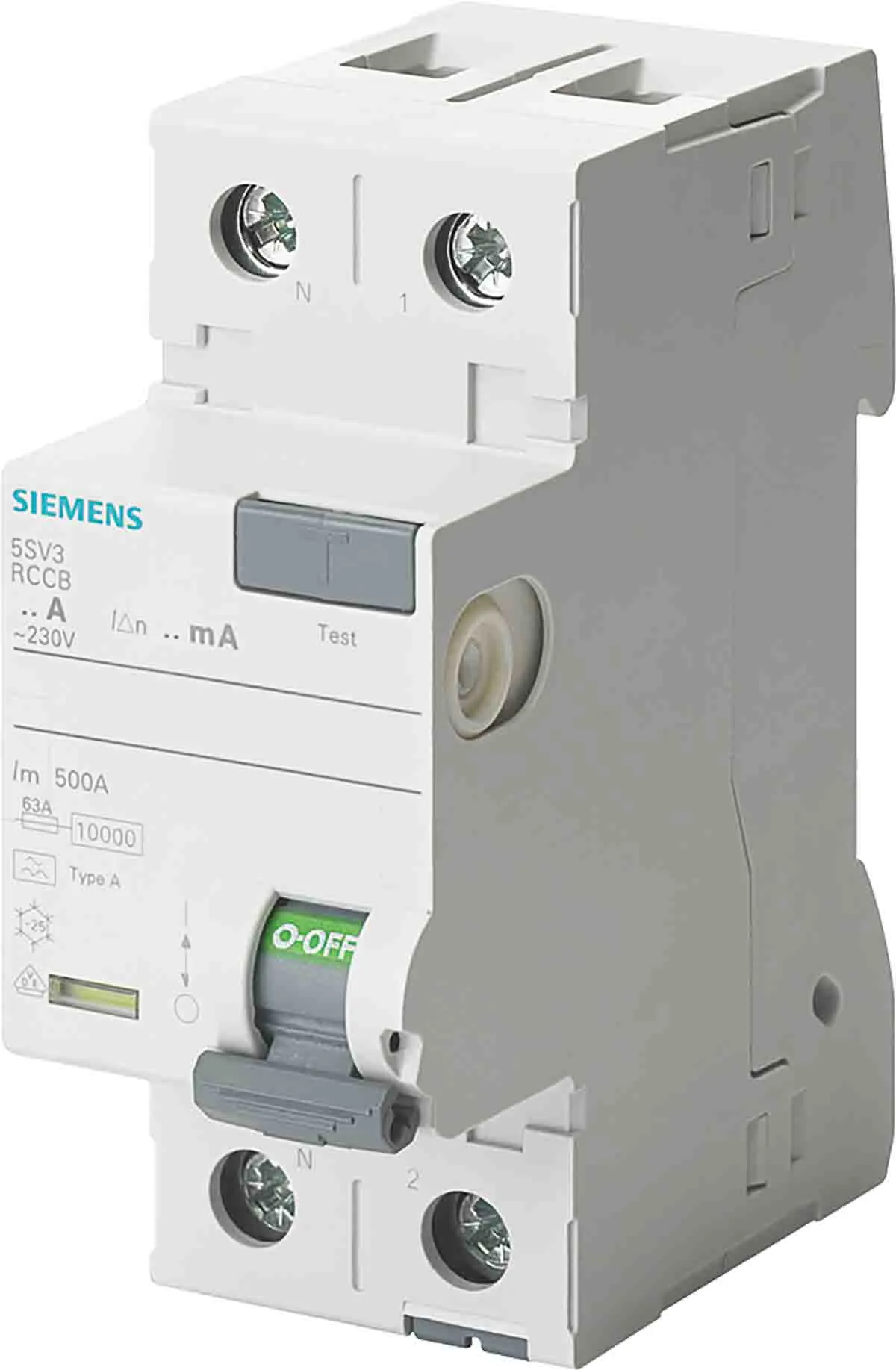 RCCB Siemens 5sV3, 2P, 63A, sensibilità 30mA, Tipo A