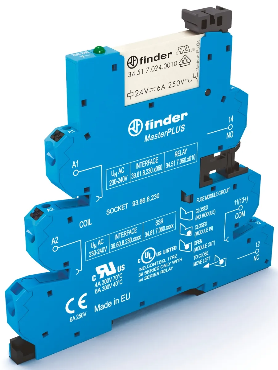 Relè d'interfaccia Finder serie 39 Series, bobina 110V cc, Guida DIN, contatti SPDT