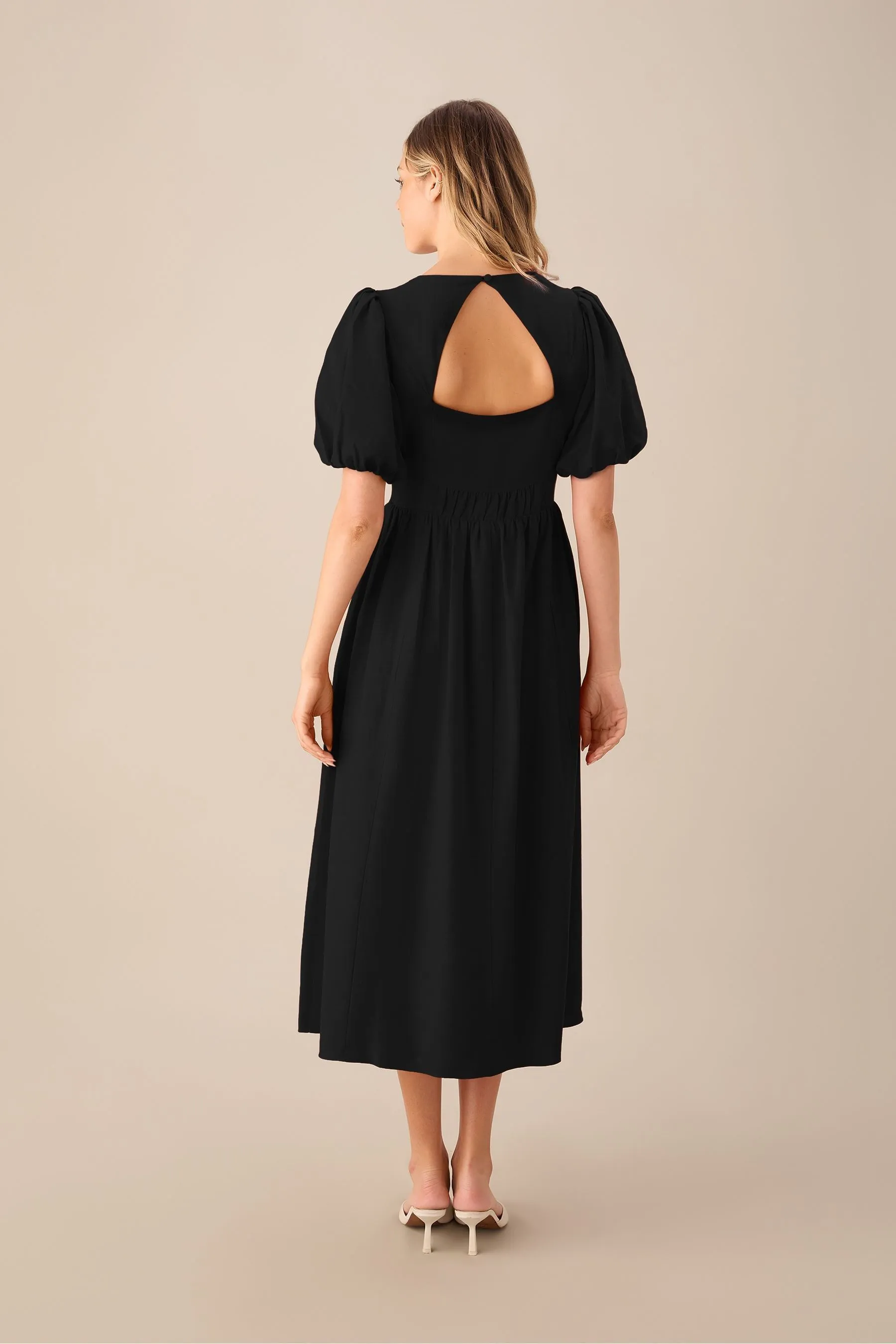 Ro&Zo Linen Blend Puff Sleeve V-Neck Midi Dress