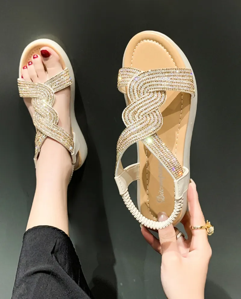 Scarpe piatte da donna di nuova moda estiva 2022 Sandalo con strass a punta tonda