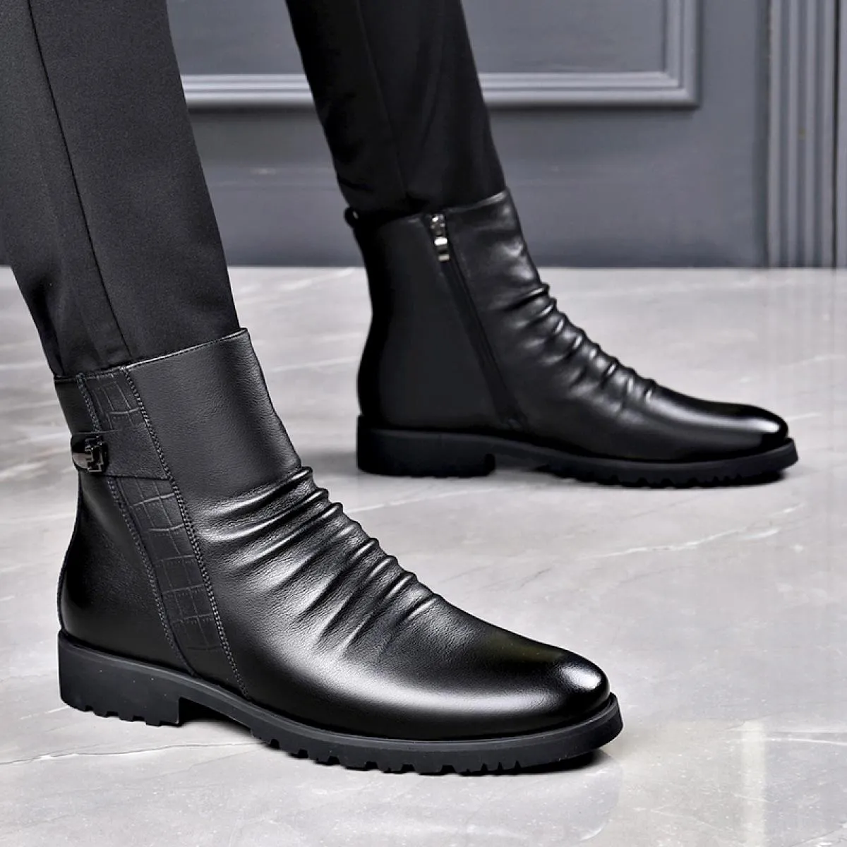 Stivaletti Chelsea da uomo in vera pelle bassi con cerniera in morbida pelle stile business scarpe da indossare in peluche Marti