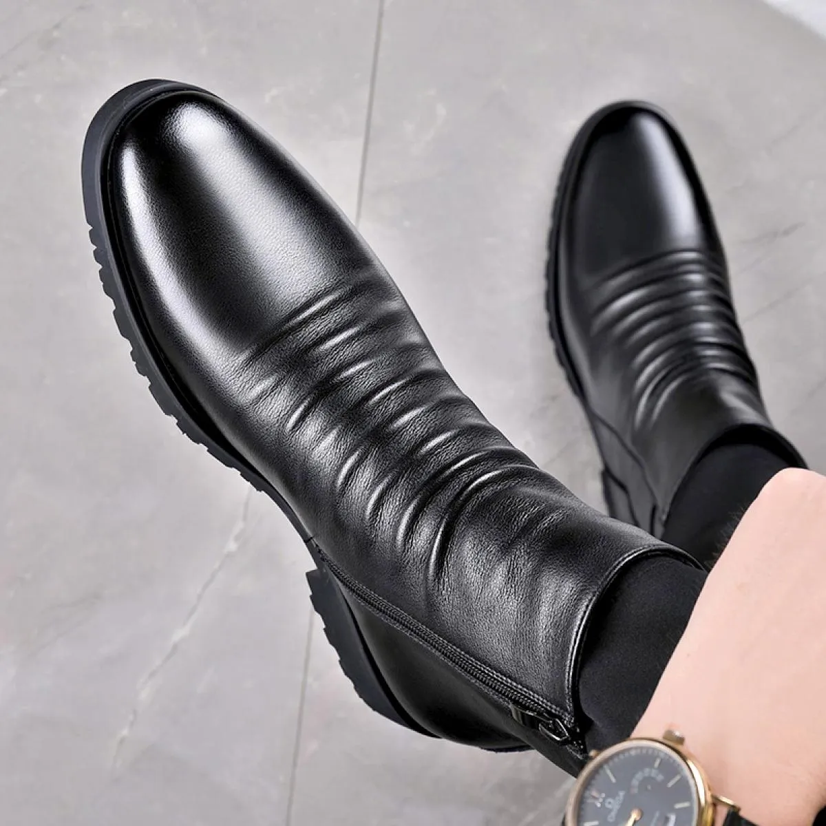Stivaletti Chelsea da uomo in vera pelle bassi con cerniera in morbida pelle stile business scarpe da indossare in peluche Marti