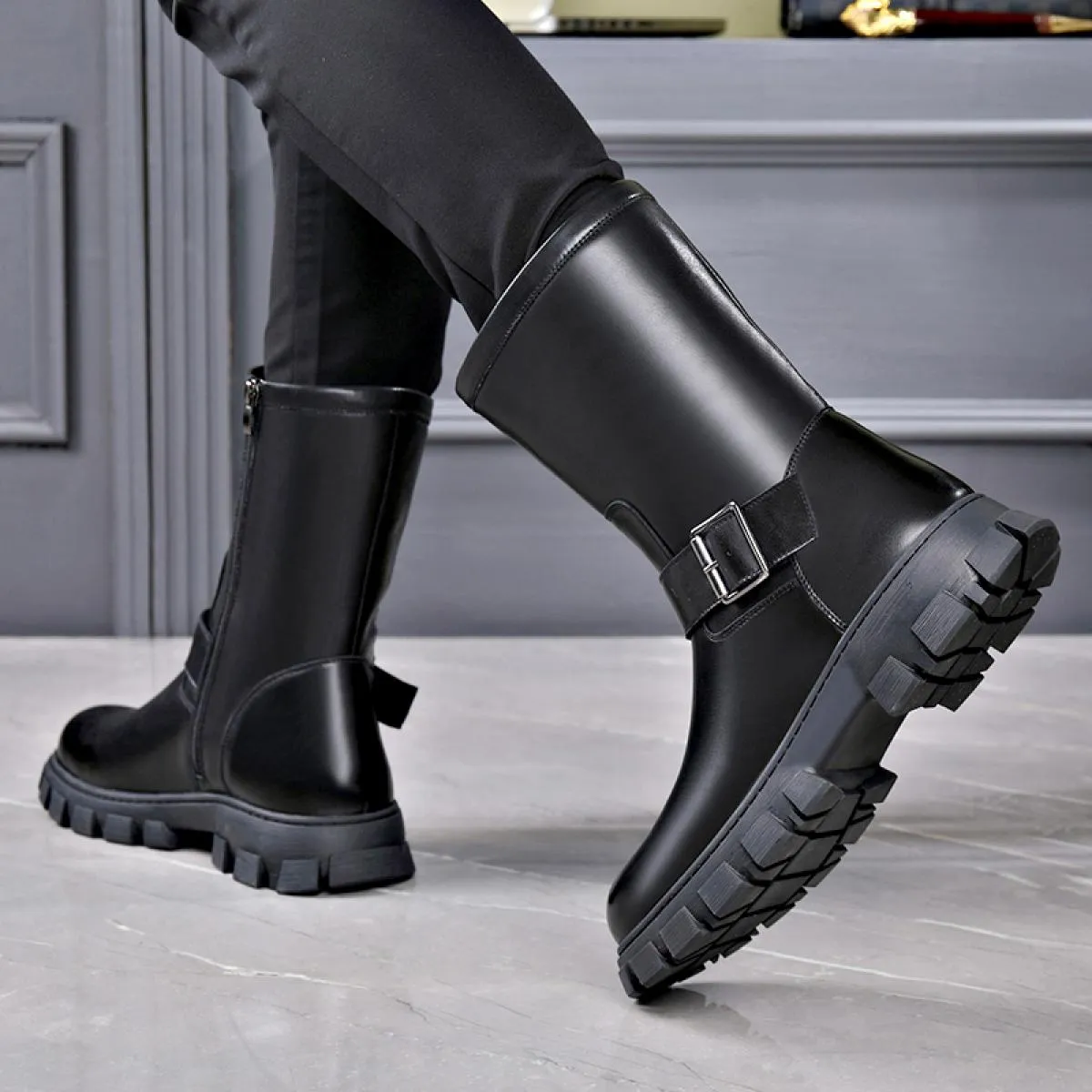 Stivaletti Chelsea da uomo in vera pelle con suola spessa, cerniera britannica retrò, casual, con scarpe di cotone di media lung