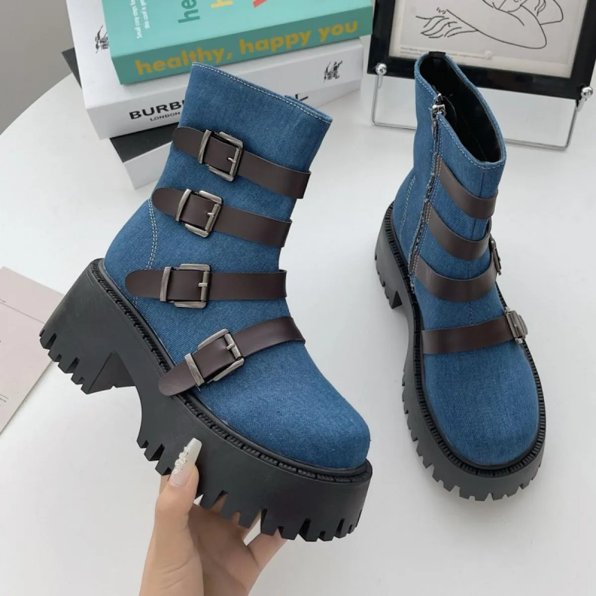 Stivaletti Chelsea invernali da donna alla caviglia scarpe con plateau con tacco medio 2023 scarpe eleganti da festa in pelle sc