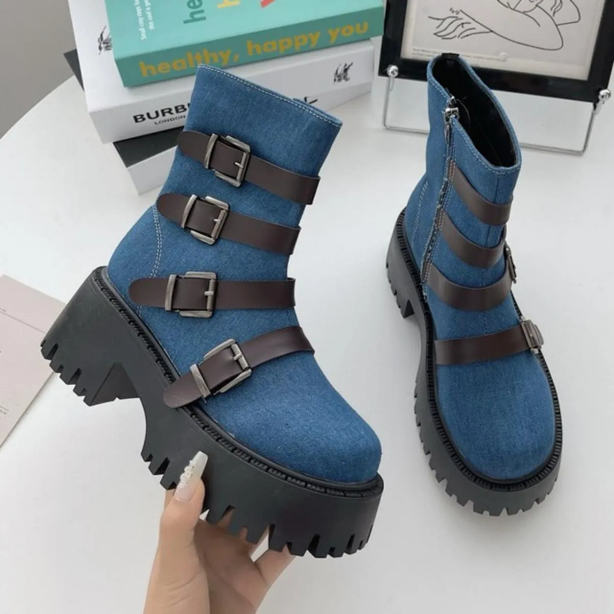 Stivaletti Chelsea invernali da donna alla caviglia scarpe con plateau con tacco medio 2023 scarpe eleganti da festa in pelle sc
