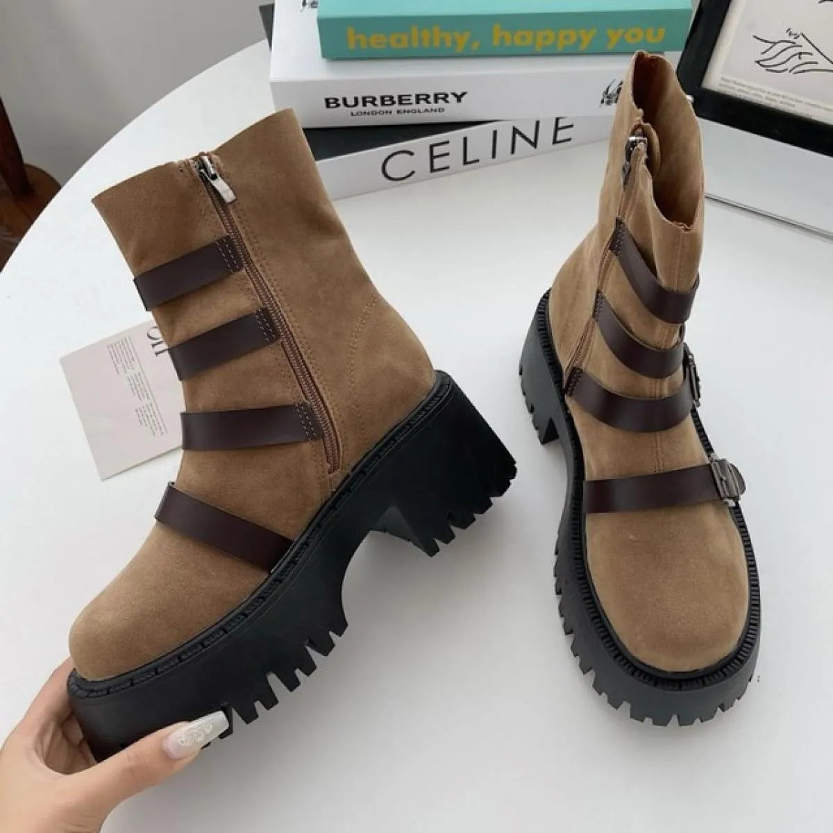 Stivaletti Chelsea invernali da donna alla caviglia scarpe con plateau con tacco medio 2023 scarpe eleganti da festa in pelle sc