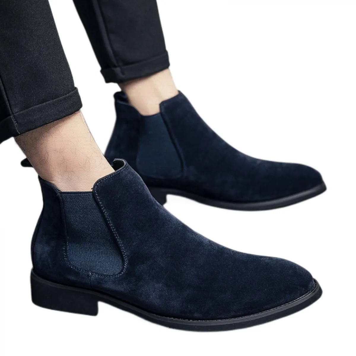 Stivali da uomo Chelsea blu Flock Business Wedding Scarpe formali fatte a mano Spedizione gratuita Taglia 38 48 Stivaletti da uo