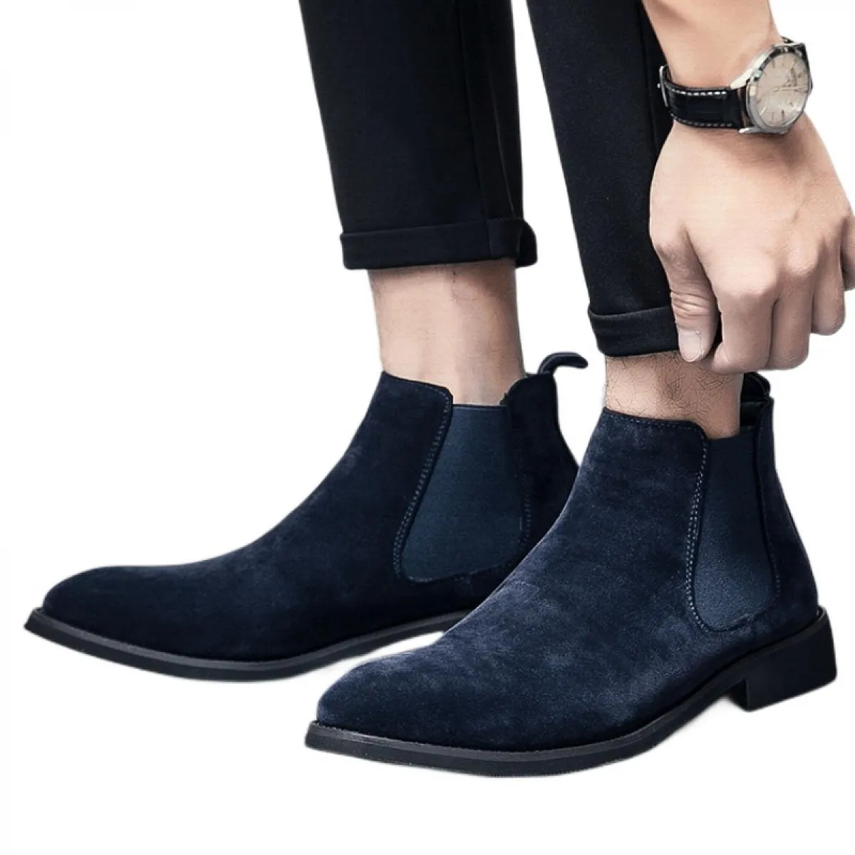 Stivali da uomo Chelsea blu Flock Business Wedding Scarpe formali fatte a mano Spedizione gratuita Taglia 38 48 Stivaletti da uo