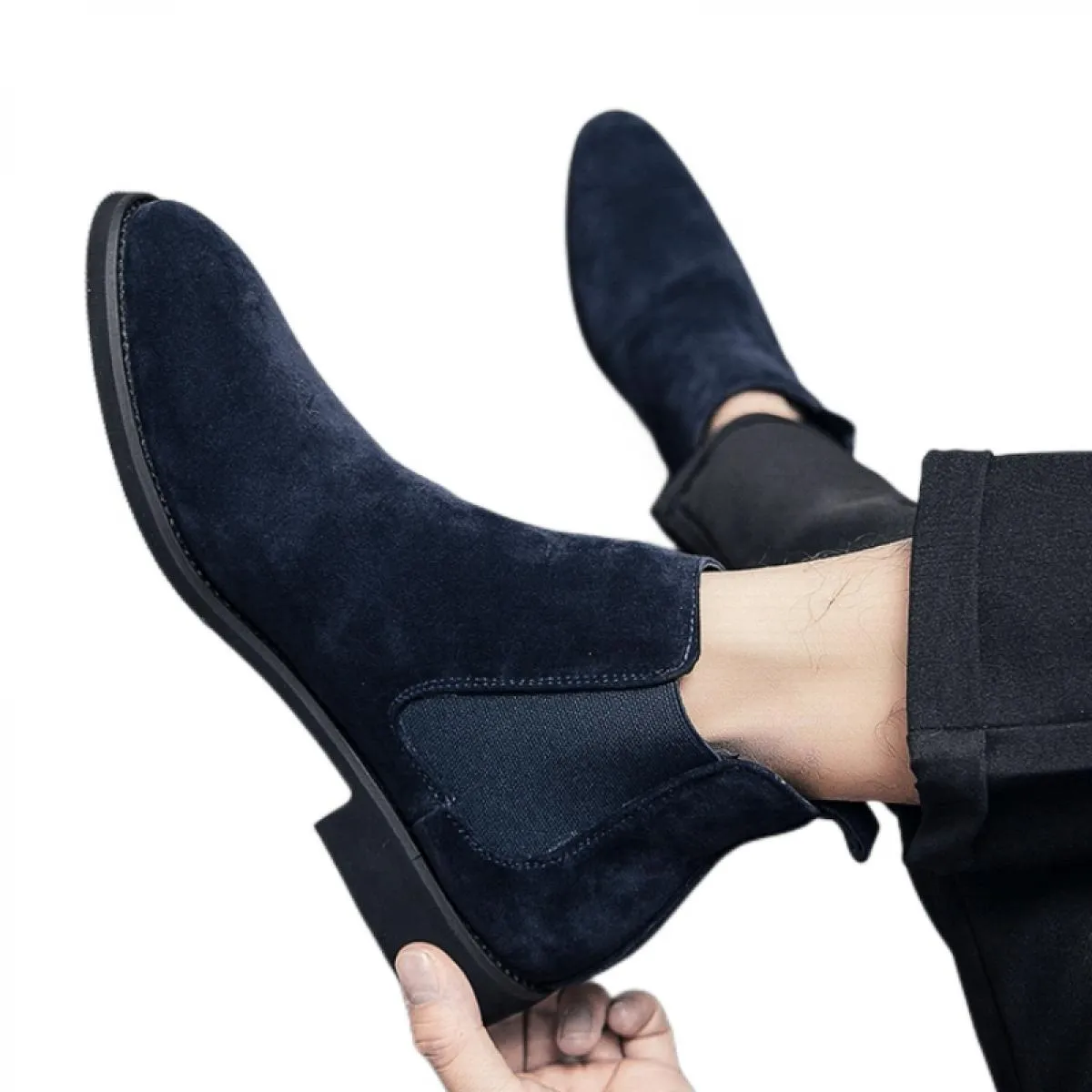 Stivali da uomo Chelsea blu Flock Business Wedding Scarpe formali fatte a mano Spedizione gratuita Taglia 38 48 Stivaletti da uo
