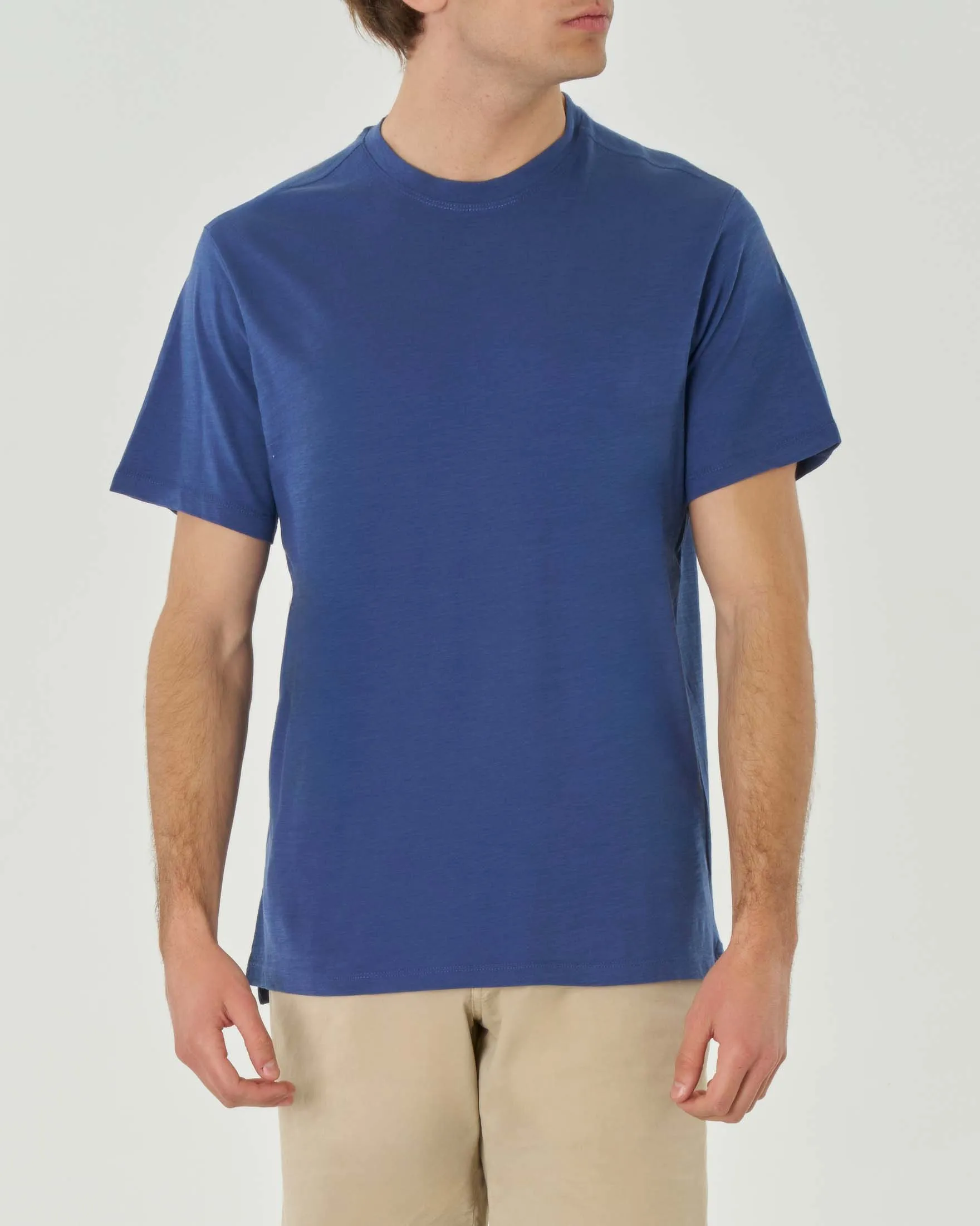 T-shirt blu indaco mezza manica in jersey di cotone fiammato