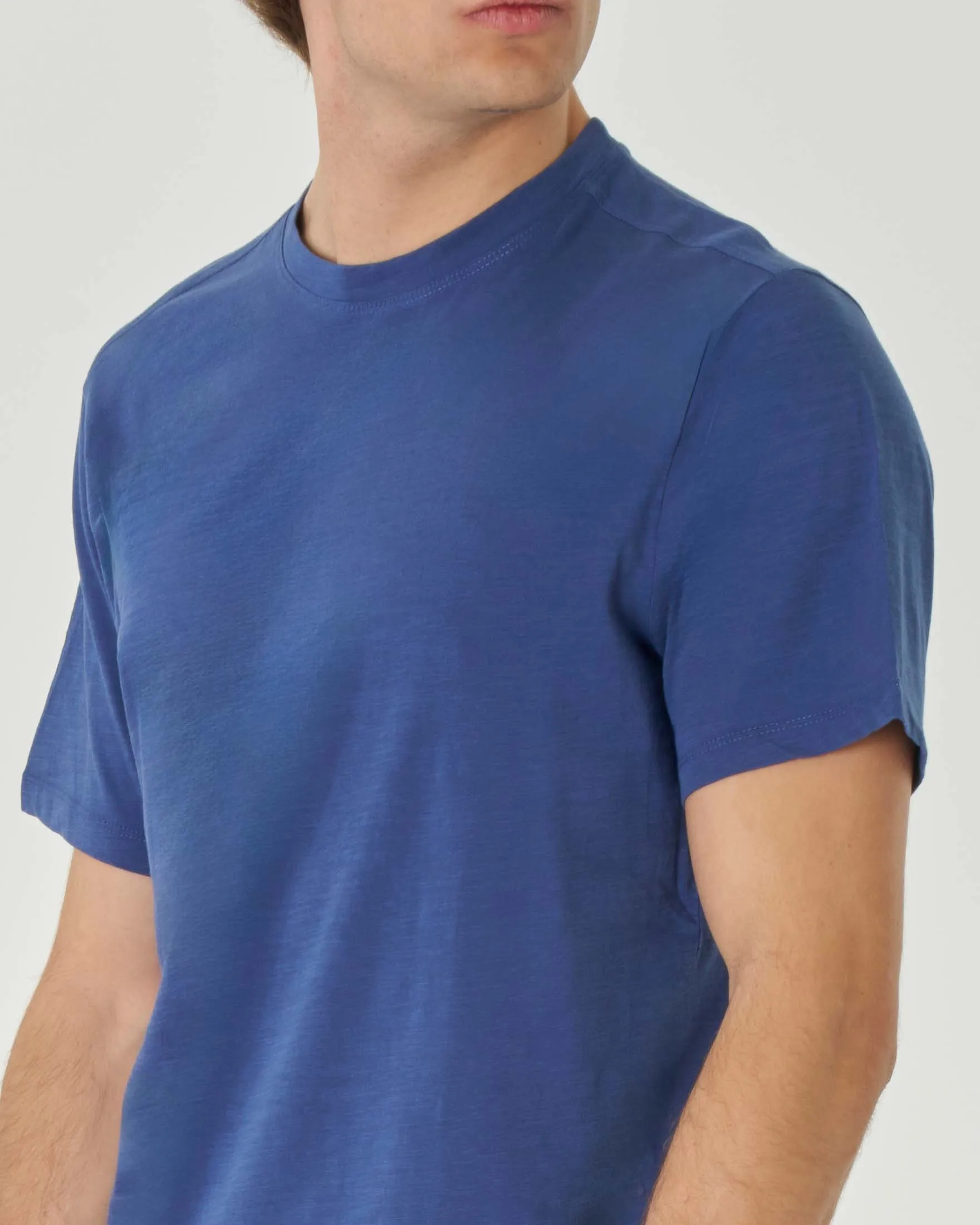 T-shirt blu indaco mezza manica in jersey di cotone fiammato