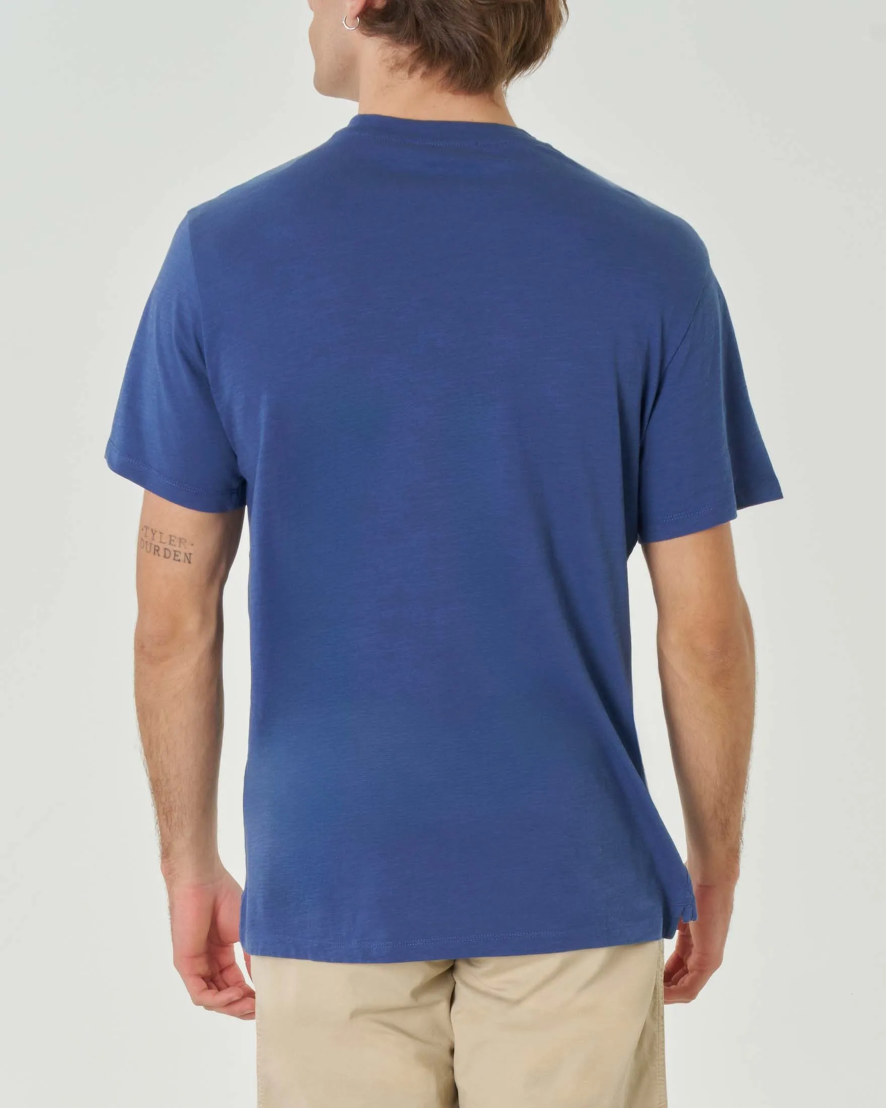 T-shirt blu indaco mezza manica in jersey di cotone fiammato