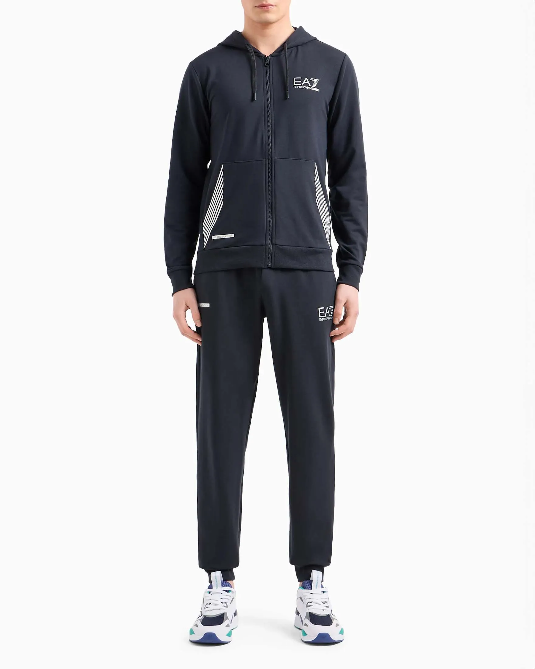 Tuta blu in cotone stretch con cappuccio e chiusura zip