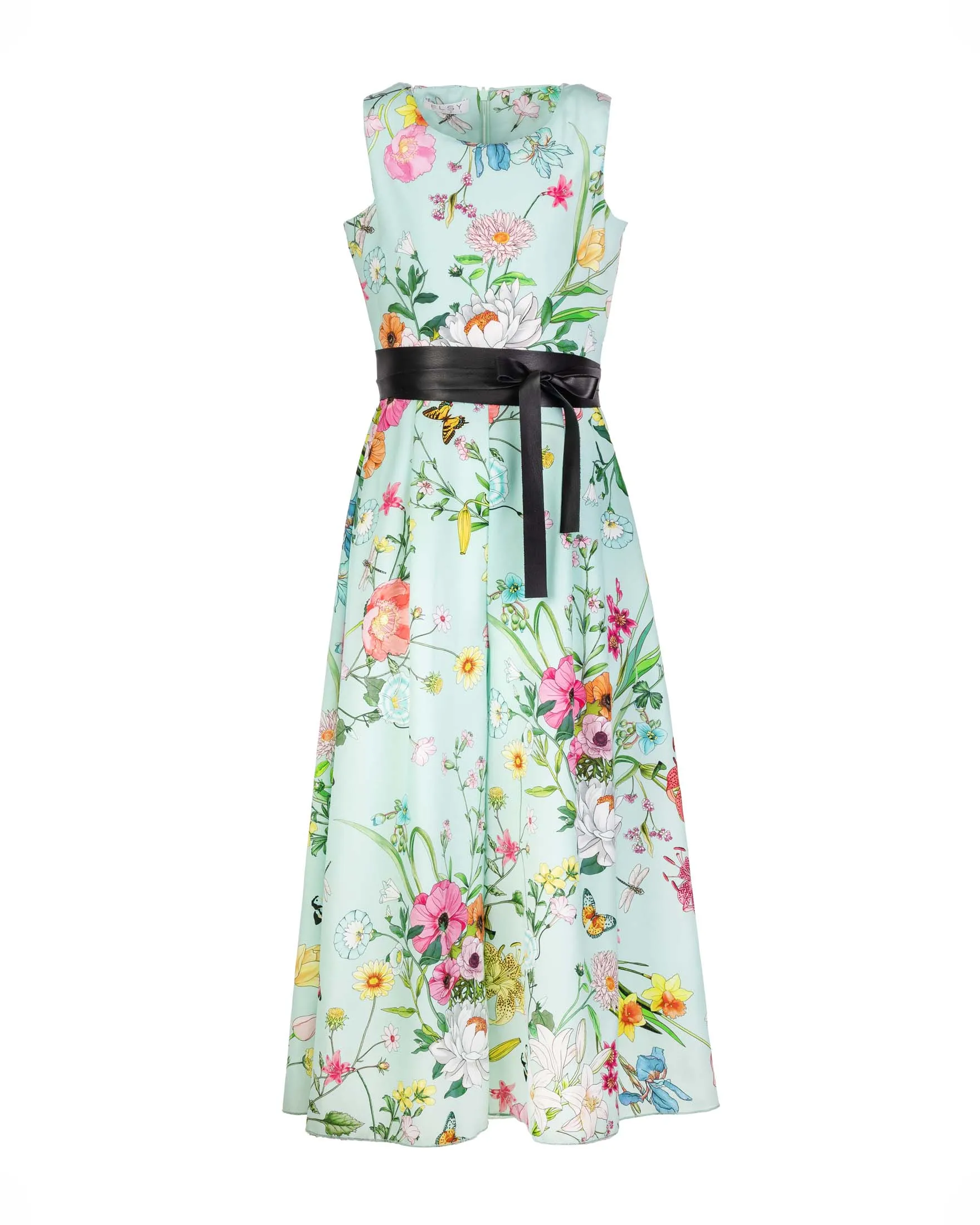 Tuta verde acqua smanicata in fantasia floreale con pantalone a palazzo e fusciacca in ecopelle nera 40-44