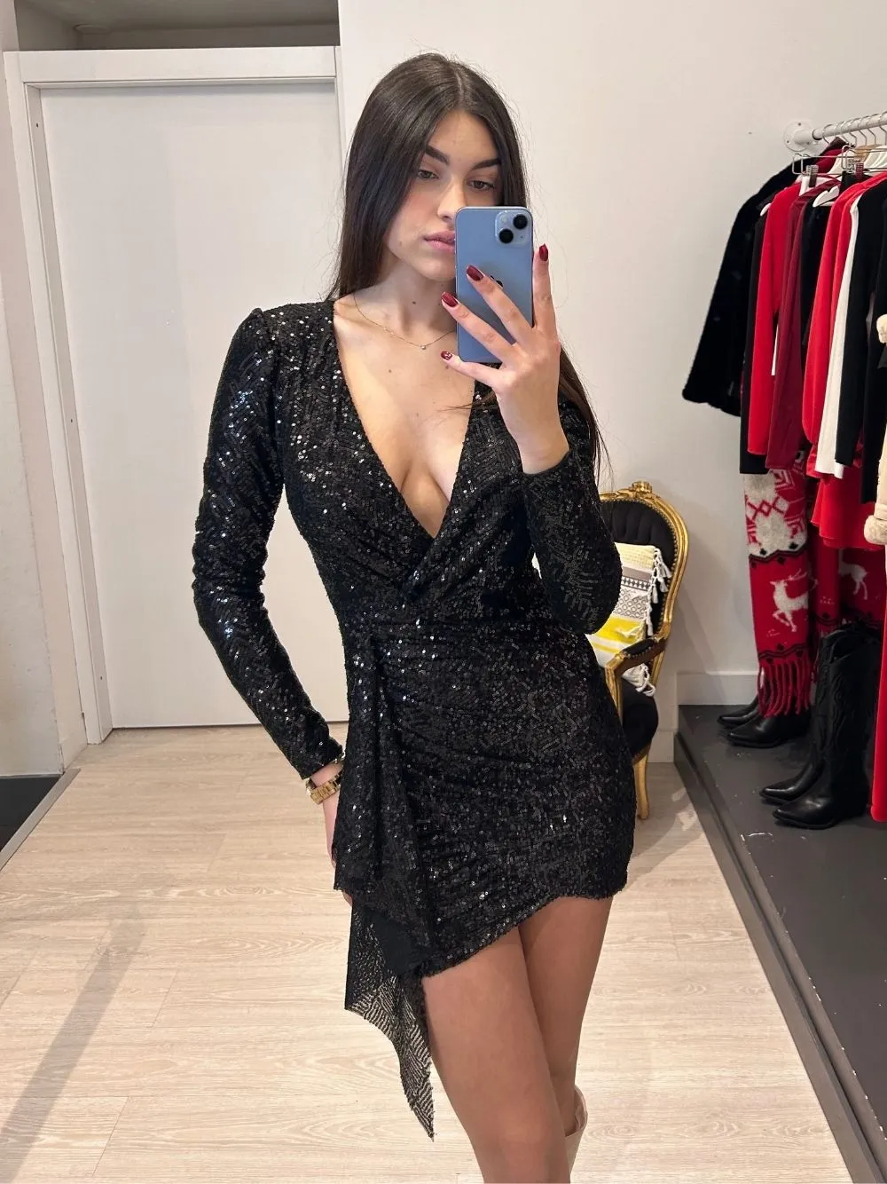 Vestito corto paillettes gonna arricciata