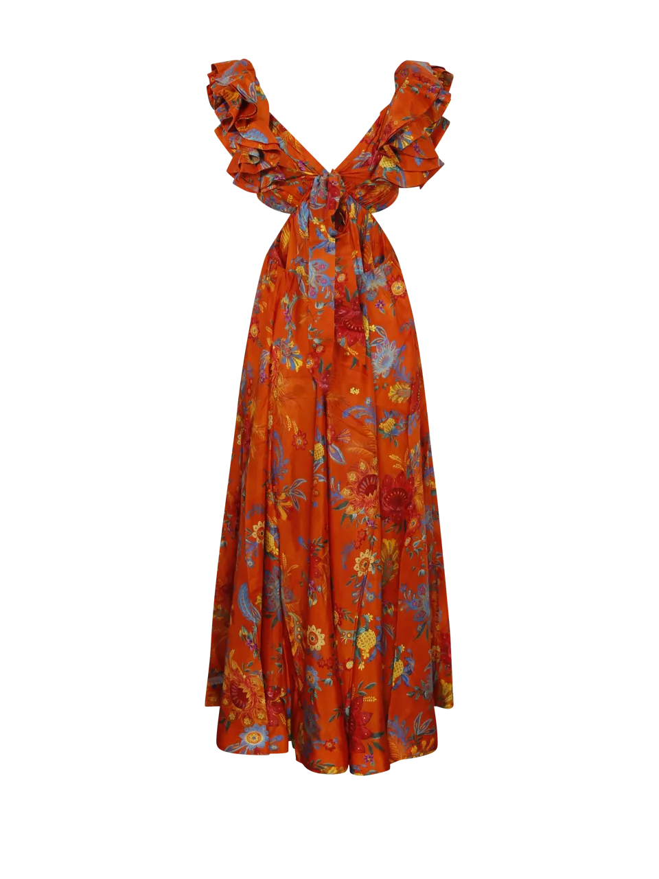 WOMAN ZIMMERMANN ORANGE SILK GINGER FRILL MIDI DRESS